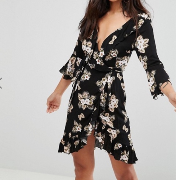ASOS Dresses & Skirts - ASOS 3/4 Sleeve Floral Wrap Dress Club L Black NWT